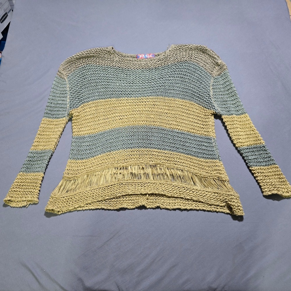 Selfie Couture Sweater Womens M/L Green Tan  Open Knit Boho‎ Hippie Festival